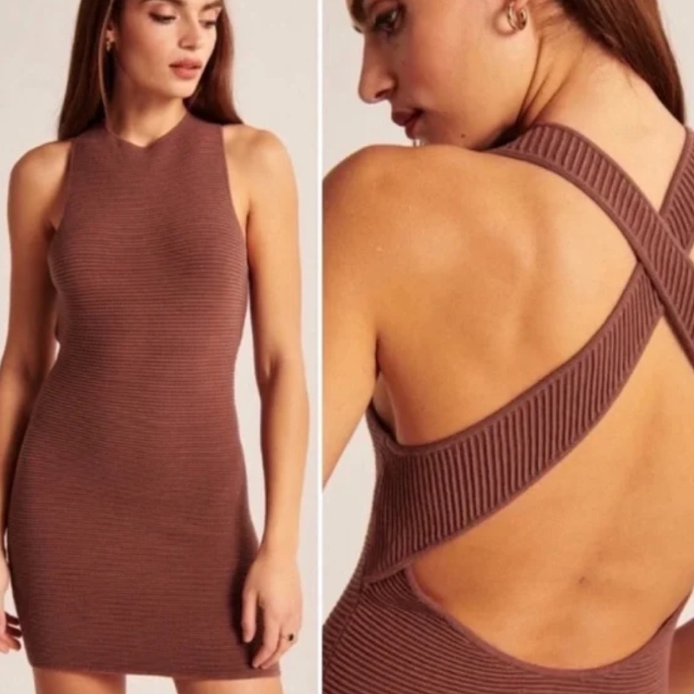 Abercrombie & Fitch, Scuba Cross-Back Elevated Knit Mini Dress, Brown, Size XS